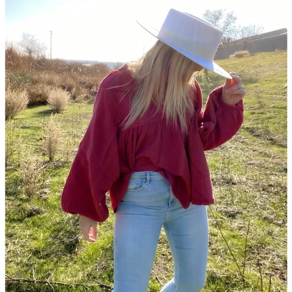 Ces Femme Burnt Orange Gauze Peasant Blouse - Picture 7 of 14